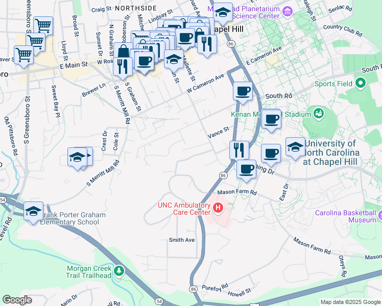 map of restaurants, bars, coffee shops, grocery stores, and more near 305 Brookside Drive in Chapel Hill