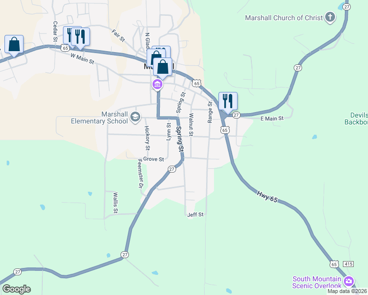 map of restaurants, bars, coffee shops, grocery stores, and more near 101 Campus Street in Marshall