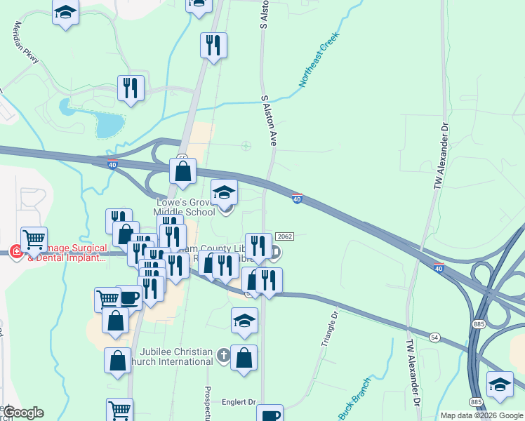 map of restaurants, bars, coffee shops, grocery stores, and more near 4352 South Alston Avenue in Durham