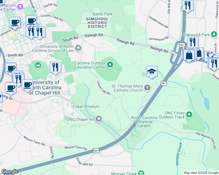 map of restaurants, bars, coffee shops, grocery stores, and more near 303 Laurel Hill Road in Chapel Hill