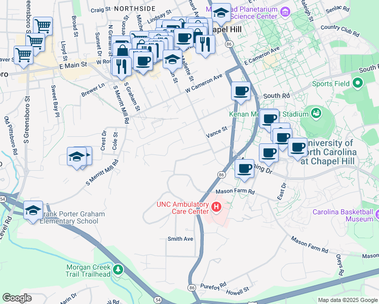 map of restaurants, bars, coffee shops, grocery stores, and more near 305 Brookside Drive in Chapel Hill
