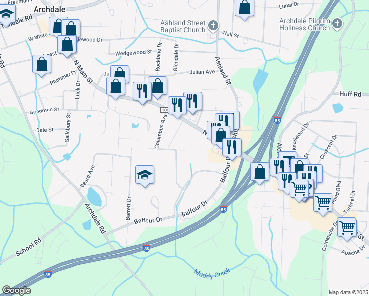 map of restaurants, bars, coffee shops, grocery stores, and more near 226 Davidson Street in Archdale