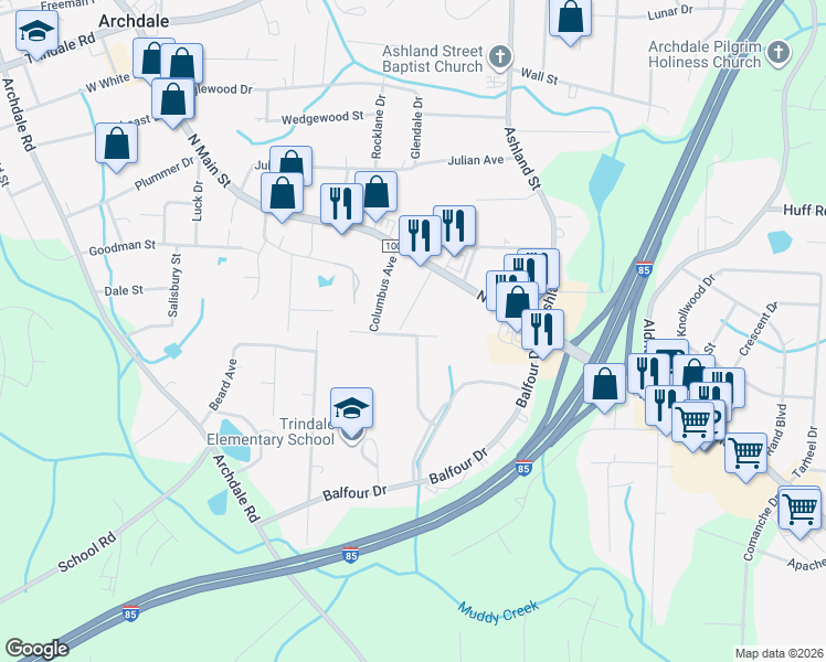 map of restaurants, bars, coffee shops, grocery stores, and more near 226 Davidson Street in Archdale
