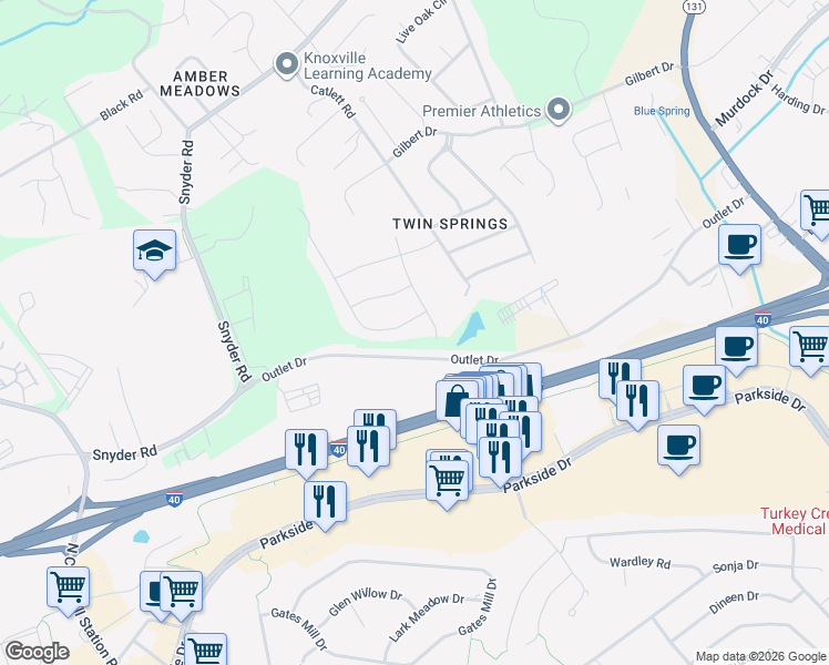 map of restaurants, bars, coffee shops, grocery stores, and more near 900 High Springs Road in Knoxville
