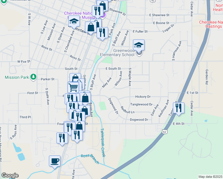 map of restaurants, bars, coffee shops, grocery stores, and more near 703 May Avenue in Tahlequah