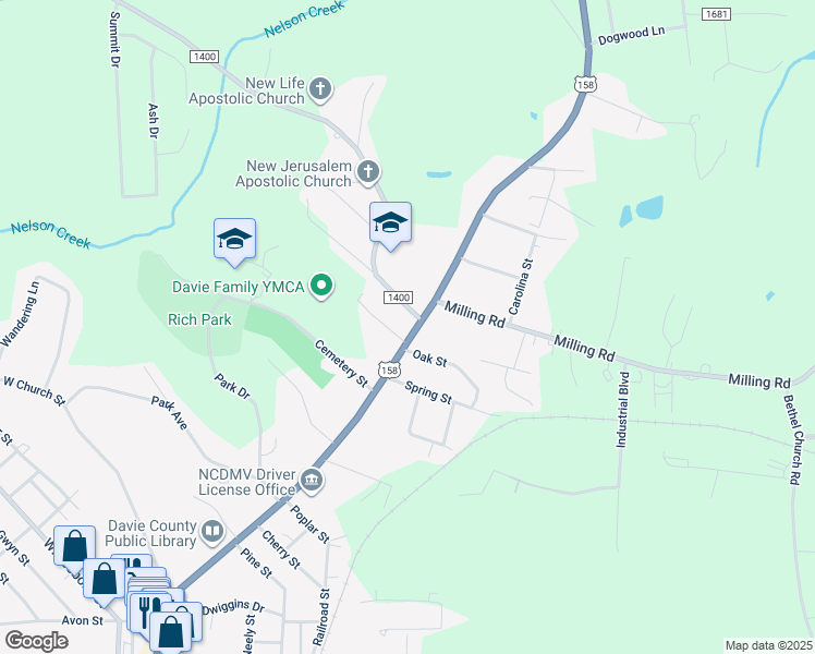 map of restaurants, bars, coffee shops, grocery stores, and more near 949 North Main Street in Mocksville