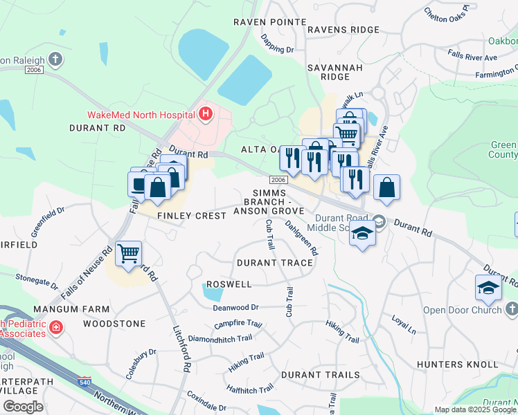 map of restaurants, bars, coffee shops, grocery stores, and more near 2512 Finley Ridge Lane in Raleigh