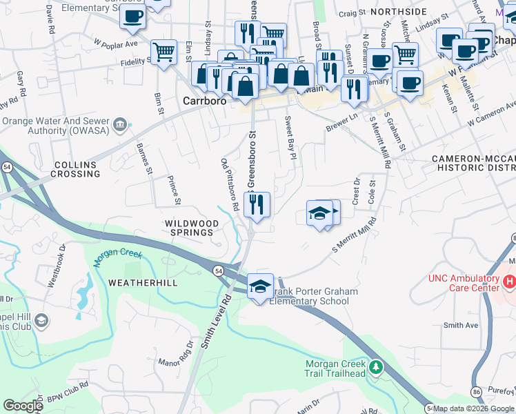 map of restaurants, bars, coffee shops, grocery stores, and more near 422 South Greensboro Street in Carrboro