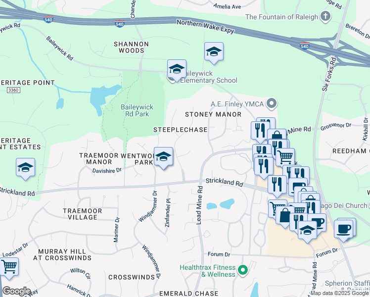 map of restaurants, bars, coffee shops, grocery stores, and more near 708 Sandown Place in Raleigh