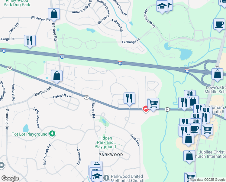 map of restaurants, bars, coffee shops, grocery stores, and more near 4405 Waterford Valley Drive in Durham