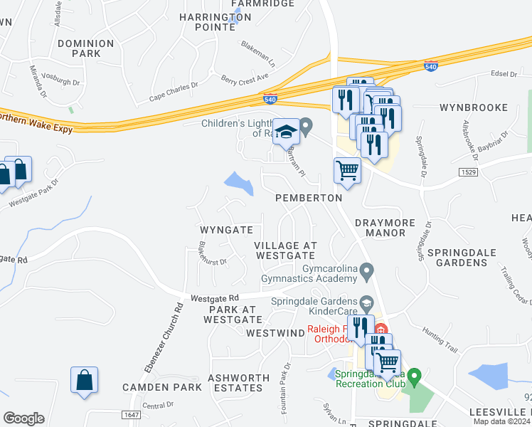 map of restaurants, bars, coffee shops, grocery stores, and more near 9216 Colony Village Lane in Raleigh