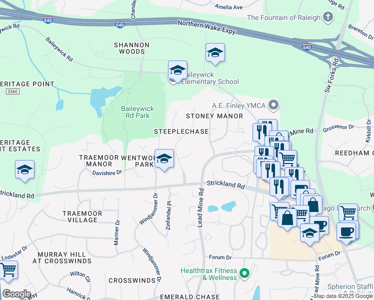 map of restaurants, bars, coffee shops, grocery stores, and more near 708 Sandown Place in Raleigh