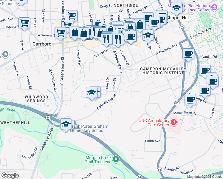 map of restaurants, bars, coffee shops, grocery stores, and more near 3735 Lystra Road in Chapel Hill