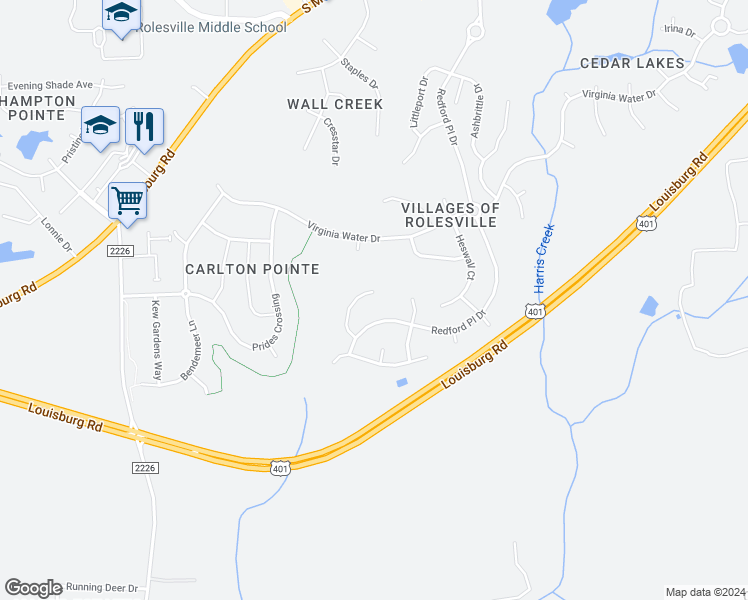 map of restaurants, bars, coffee shops, grocery stores, and more near 452 Barnard Castle Court in Rolesville