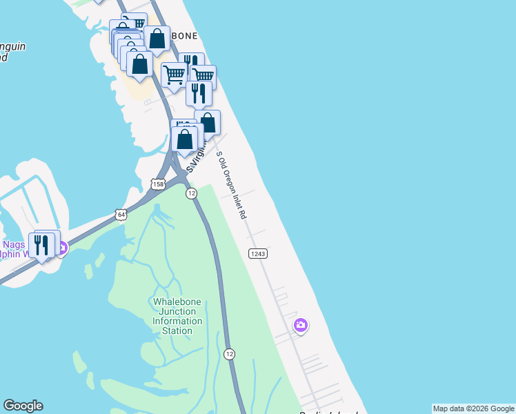 map of restaurants, bars, coffee shops, grocery stores, and more near 8103 South Old Oregon Inlet Road in Nags Head