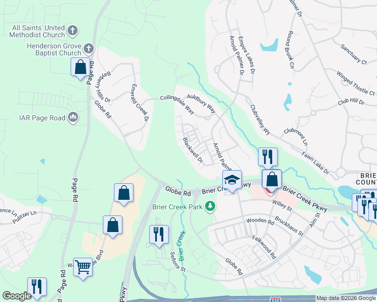 map of restaurants, bars, coffee shops, grocery stores, and more near 10020 Blackwell Drive in Raleigh