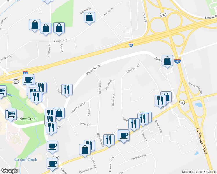 map of restaurants, bars, coffee shops, grocery stores, and more near 406 Amanda Circle in Knoxville