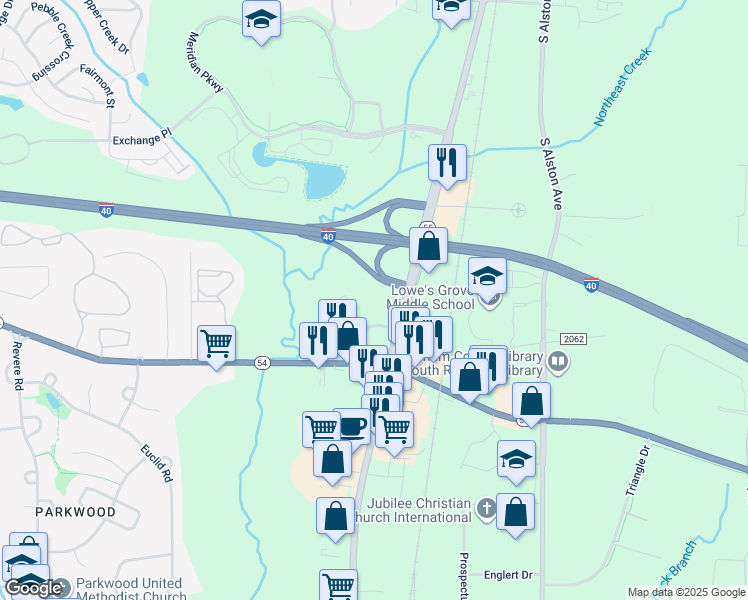 map of restaurants, bars, coffee shops, grocery stores, and more near 301 Residence Inn Boulevard in Durham