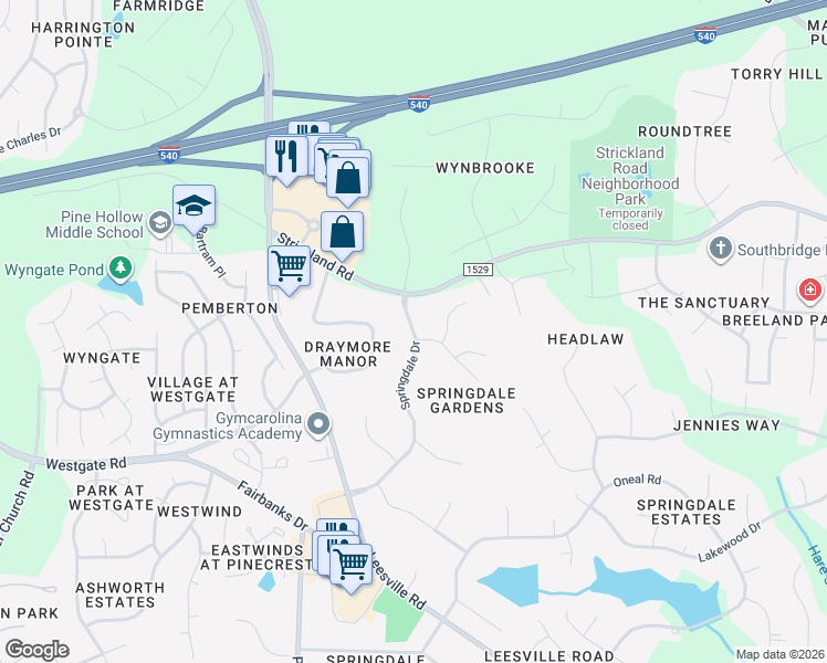 map of restaurants, bars, coffee shops, grocery stores, and more near Springdale Drive in Wake County