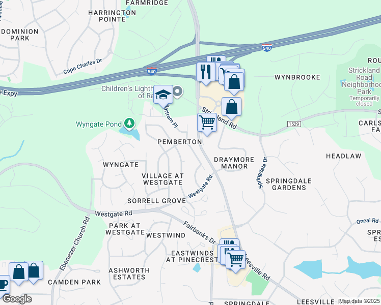 map of restaurants, bars, coffee shops, grocery stores, and more near 9521 Treymore Drive in Raleigh