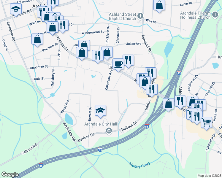 map of restaurants, bars, coffee shops, grocery stores, and more near 402 Davidson Street in High Point