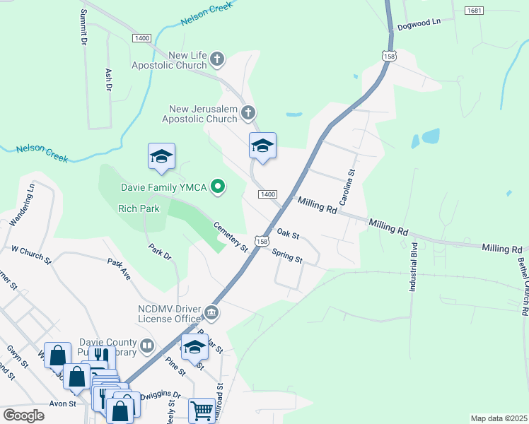 map of restaurants, bars, coffee shops, grocery stores, and more near 121 Spruce Street in Mocksville