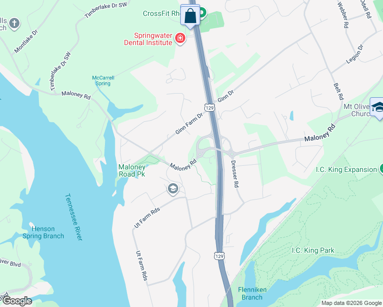 map of restaurants, bars, coffee shops, grocery stores, and more near 3421 Maloney Road in Knoxville