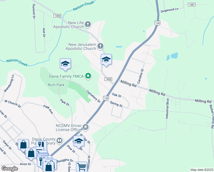 map of restaurants, bars, coffee shops, grocery stores, and more near 121 Spruce Street in Mocksville