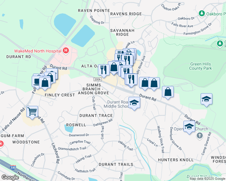 map of restaurants, bars, coffee shops, grocery stores, and more near 9505 Anson Grove Lane in Raleigh