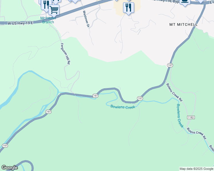 map of restaurants, bars, coffee shops, grocery stores, and more near 1366 North Carolina 197 in Burnsville