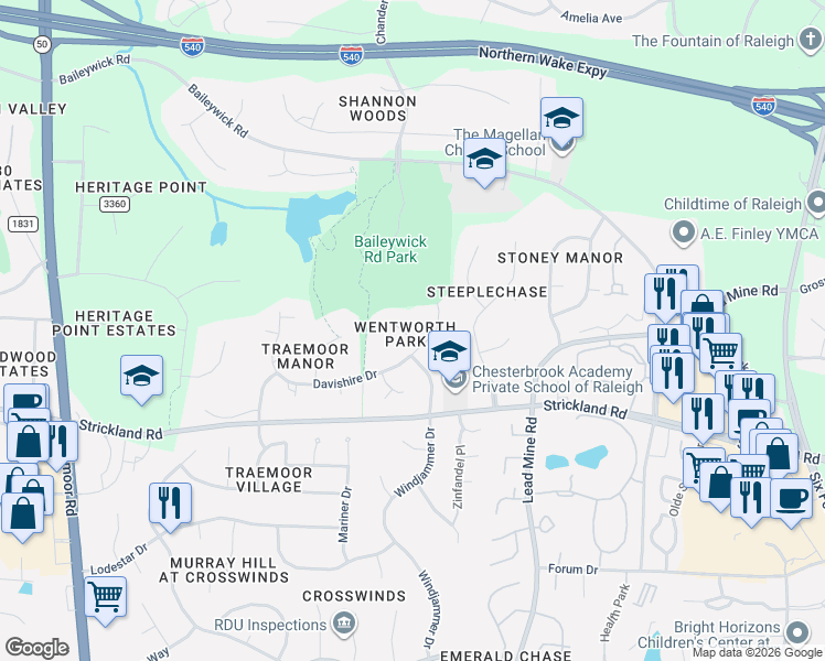 map of restaurants, bars, coffee shops, grocery stores, and more near 9108 Kettner Court in Raleigh