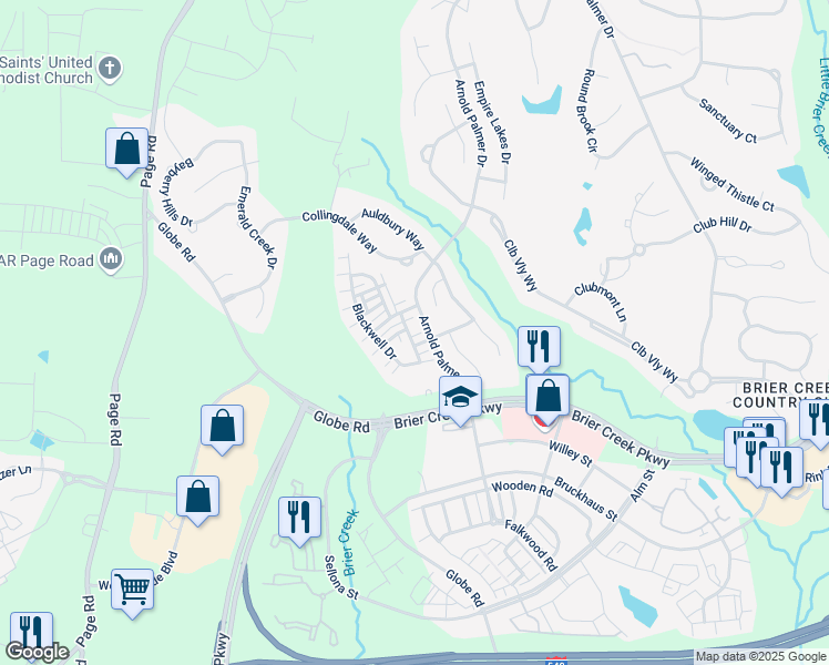 map of restaurants, bars, coffee shops, grocery stores, and more near 9801 Layla Avenue in Raleigh