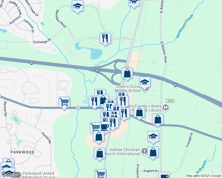 map of restaurants, bars, coffee shops, grocery stores, and more near Apex Highway in Durham