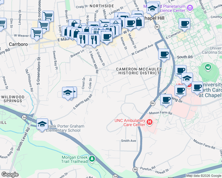 map of restaurants, bars, coffee shops, grocery stores, and more near in Chapel Hill