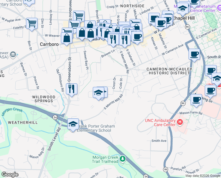 map of restaurants, bars, coffee shops, grocery stores, and more near 102 Creel Street in Chapel Hill