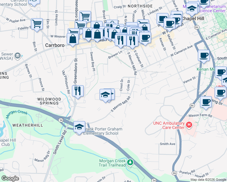 map of restaurants, bars, coffee shops, grocery stores, and more near 102 Creel Street in Chapel Hill