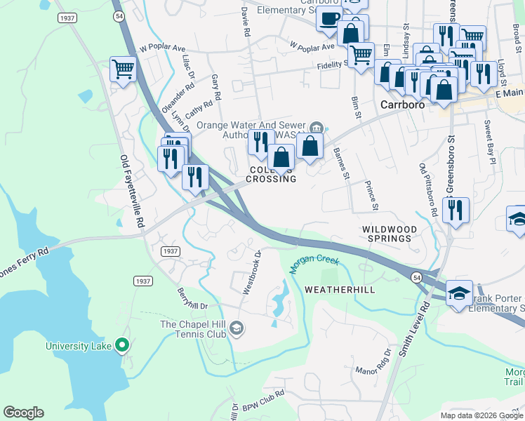 map of restaurants, bars, coffee shops, grocery stores, and more near 501 Jones Ferry Road in Carrboro