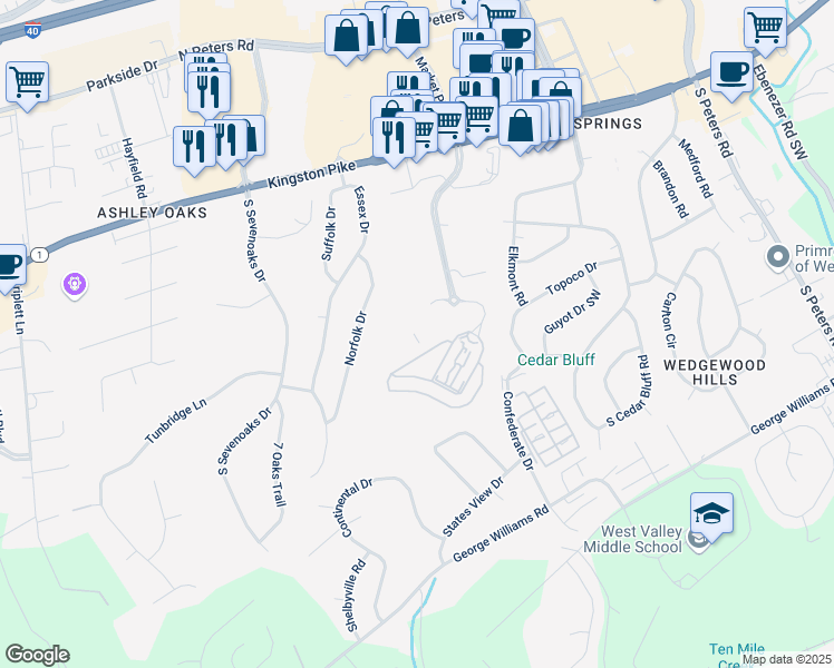 map of restaurants, bars, coffee shops, grocery stores, and more near 271 Moss Grove Boulevard in Knoxville