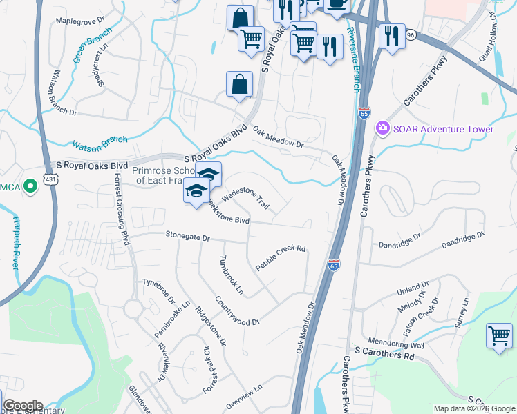 map of restaurants, bars, coffee shops, grocery stores, and more near 712 Wadestone Trail in Franklin