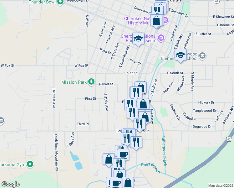 map of restaurants, bars, coffee shops, grocery stores, and more near 705 South Cherokee Avenue in Tahlequah