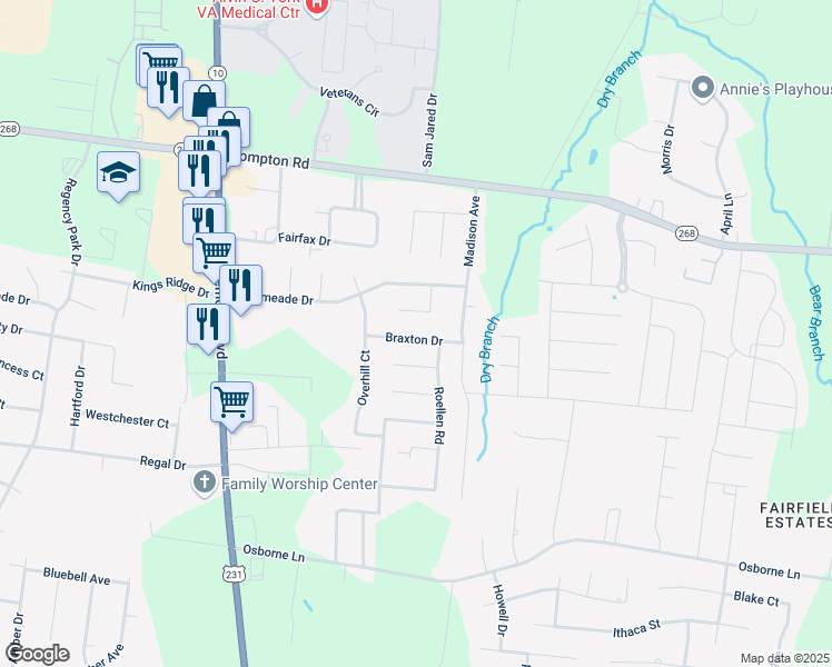 map of restaurants, bars, coffee shops, grocery stores, and more near 323 Braxton Drive in Murfreesboro
