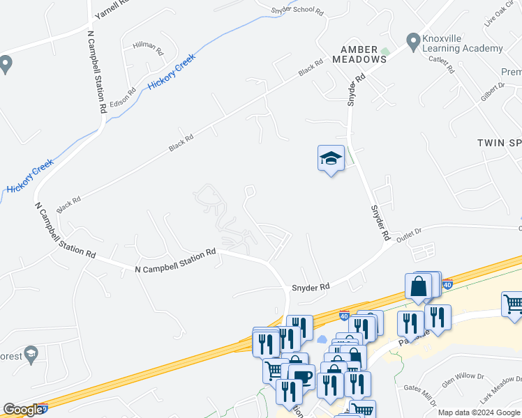 map of restaurants, bars, coffee shops, grocery stores, and more near 820 North Campbell Station Road in Knoxville