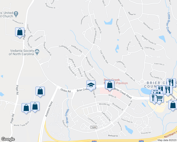 map of restaurants, bars, coffee shops, grocery stores, and more near Misty Creek Drive in Raleigh