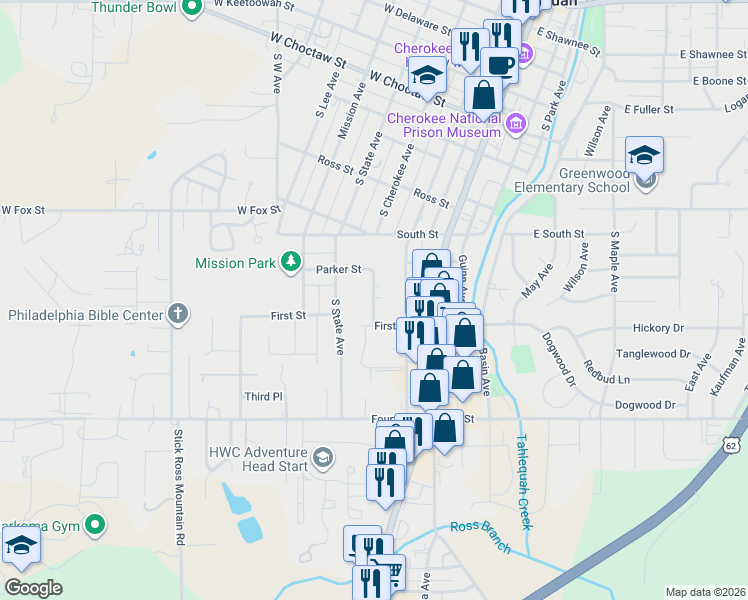 map of restaurants, bars, coffee shops, grocery stores, and more near 705 South Cherokee Avenue in Tahlequah