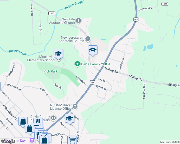 map of restaurants, bars, coffee shops, grocery stores, and more near 145 Campbell Road in Mocksville