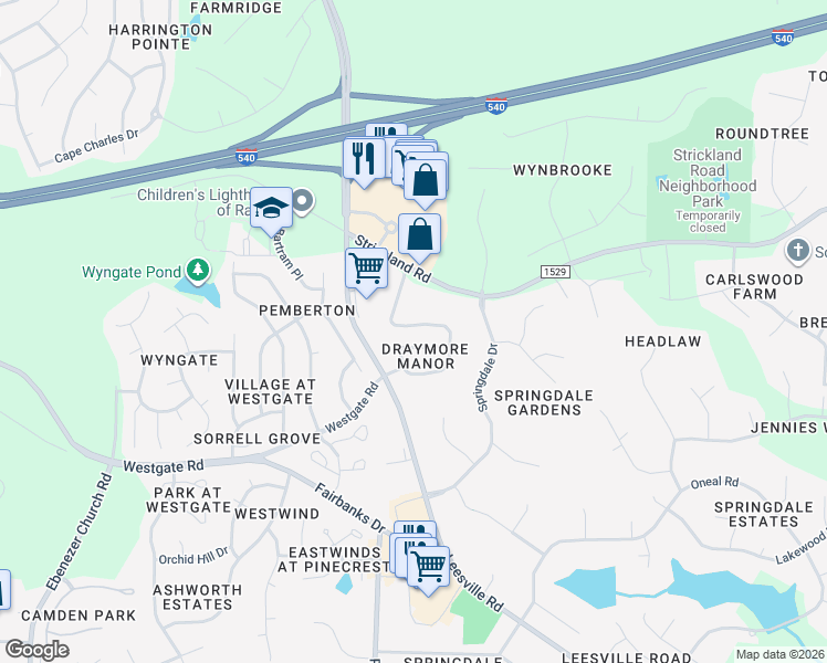 map of restaurants, bars, coffee shops, grocery stores, and more near 13346 Ashford Park Drive in Raleigh