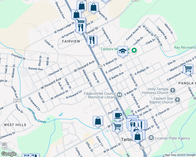 map of restaurants, bars, coffee shops, grocery stores, and more near 1309 Dancy Street in Tarboro