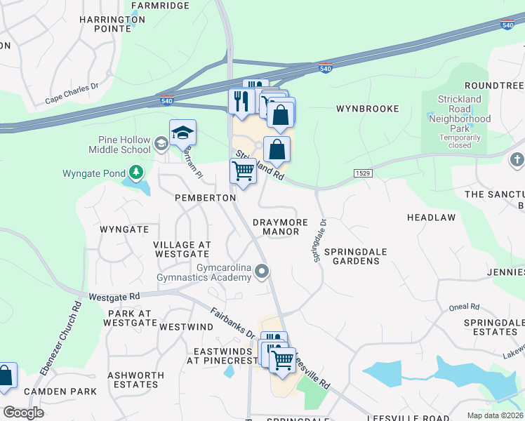 map of restaurants, bars, coffee shops, grocery stores, and more near 13346 Ashford Park Drive in Raleigh