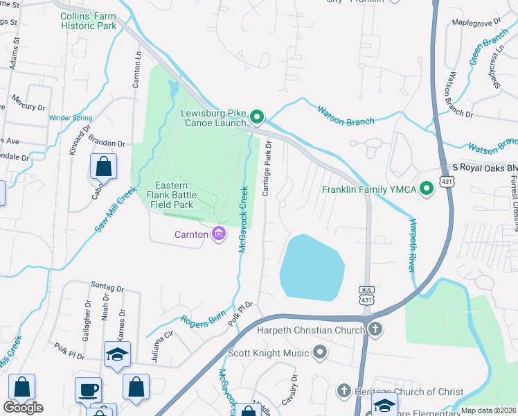 map of restaurants, bars, coffee shops, grocery stores, and more near 1209 Carriage Park Drive in Franklin