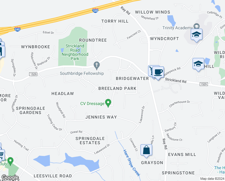 map of restaurants, bars, coffee shops, grocery stores, and more near 8905 Breeland Way in Raleigh